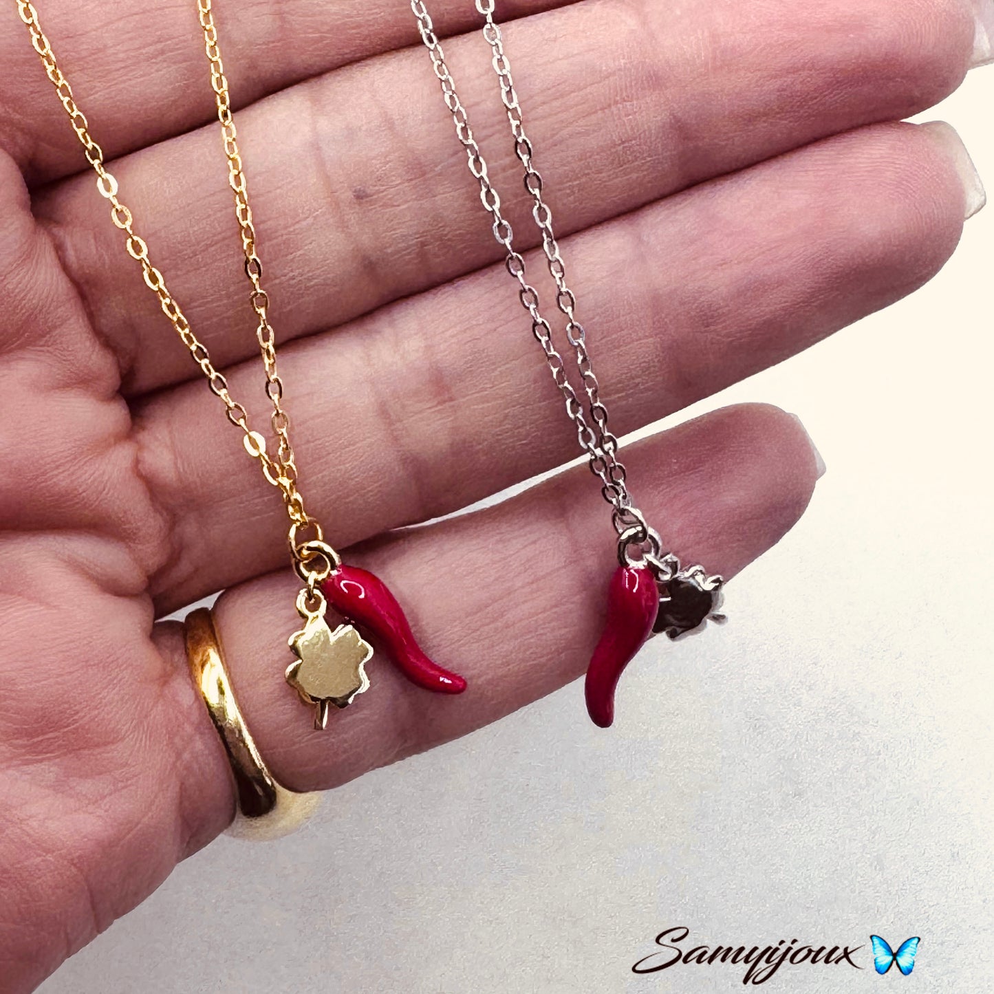 Collana Quadrifoglio e cornetto rosso - by Samyijoux