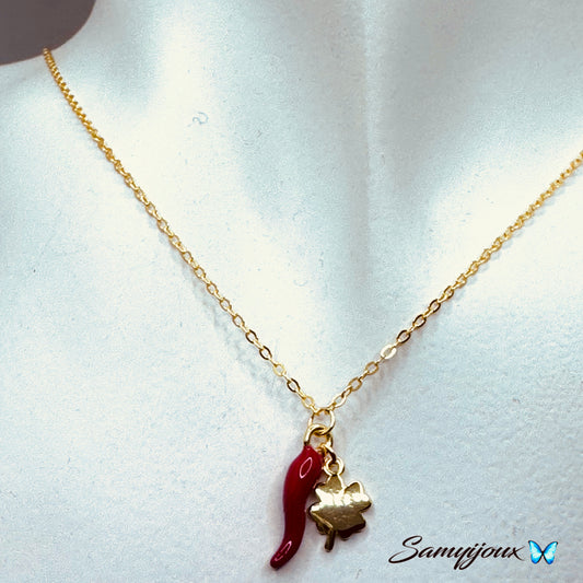 Collana Quadrifoglio e cornetto rosso - by Samyijoux