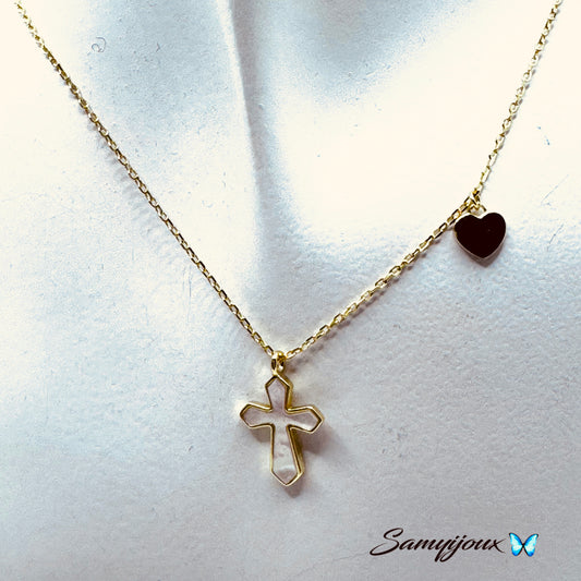 Collana Croce madreperla e cuore - by Samyijoux